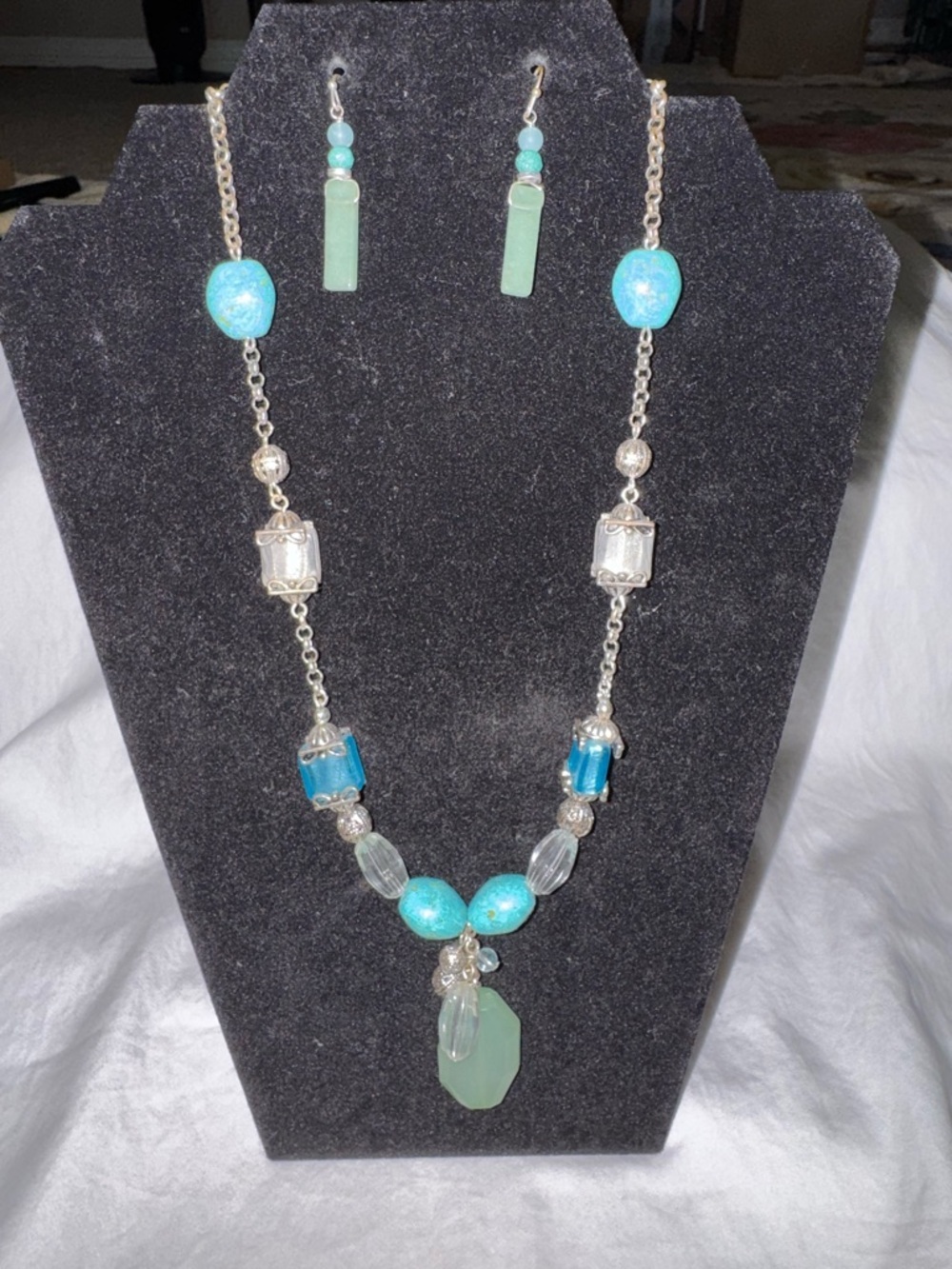 Boho Turquoise & Seafoam Green Mixed Stone Statement Necklace & Earring Set